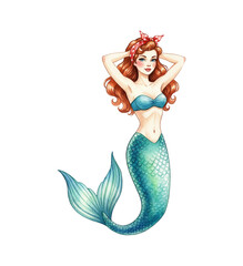 A beautiful red-haired pinup mermaid wearing a blue bikini top and polka dot bandana smiling cheerfully with hands behind her head