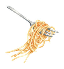Delicious spaghetti noodles twirled perfectly around a shiny silver fork ready to eat in a watercolor illustration