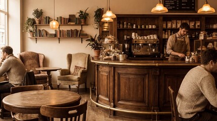 Coffee shop ambiance: A cozy coffee shop features patrons enjoying coffee and a barista attending the counter and preparing drinks, books and indoor plants adorn the space.