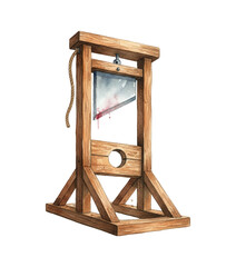 A detailed watercolor illustration of an old wooden guillotine with a bloodstained blade and rope mechanism
