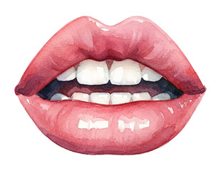 Pink Glossy Lips with White Teeth and Open Mouth Watercolor Illustration Graphic