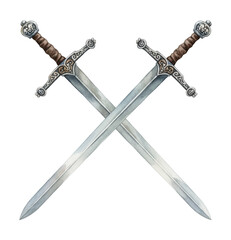 Two Medieval Swords Crossed with Ornate Hilts and Brown Grips in Watercolor Style Illustration on White Background