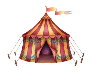 Vibrant Circus Tent with Red and Yellow Stripes and Flag Watercolor Illustration for Fun and Entertainment
