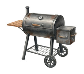 Rustic Barbecue Smoker Grill with Wooden Table and Wheels Watercolor Illustration on White Background