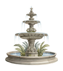 Classical three tiered stone fountain with flowing water and green plants watercolor illustration detail