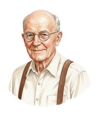 Elderly Caucasian man smiling kindly wearing glasses and suspenders watercolor illustration portrait