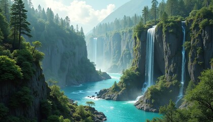 Majestic Waterfalls in Serene Canyon
