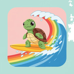 Cartoon turtle surfing rainbow wave.