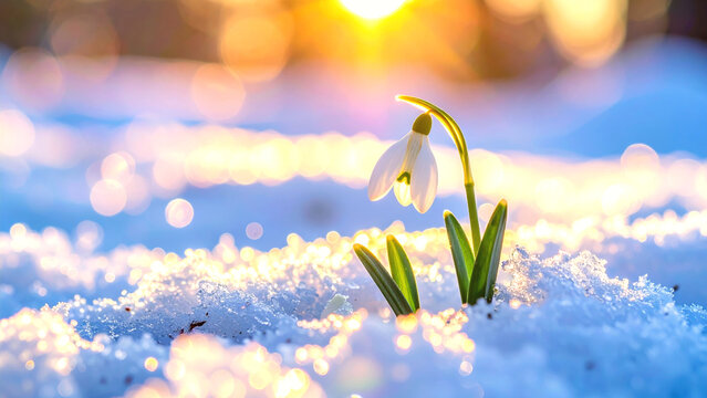 First snowdrop flower blooming in snow at golden hour