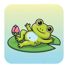 Fototapeta premium Cartoon Frog Relaxing on Water Lily.