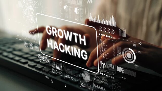 Growth Hacking Strategy with Digital Interface and Coding Hands on Keyboard in Modern Workspace. Asymptotic smart data analytic.