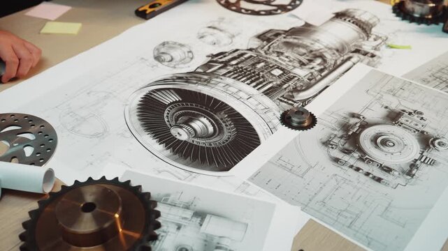 This image captures a collaborative mechanical engineering workspace featuring sketches and prototype parts, showcasing creativity and precision in the design process. SACTR