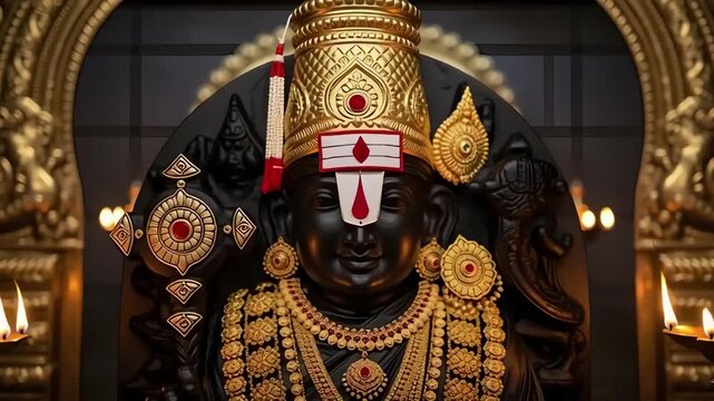 Cinematic devotional video of Lord Balaji idol illuminated by warm temple lamps in a frontal symmetrical composition. Low-light atmosphere enhances gold and dark contrasts, expressing spirituality