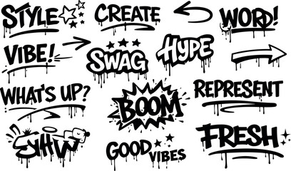 Hand drawn graffiti words and street art doodle collection with urban typography. Expressive vector elements inspired by hip hop culture for apparel, posters and stickers. © gerik_a