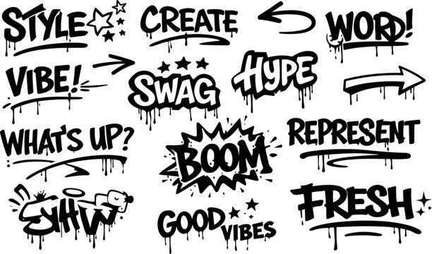 Hand drawn graffiti words and street art doodle collection with urban typography. Expressive vector elements inspired by hip hop culture for apparel, posters and stickers.