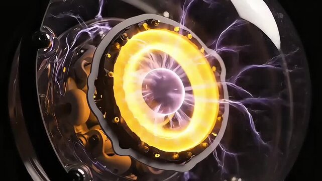 Futuristic Plasma Energy Core with Glowing Yellow Ring and Purple Lightning