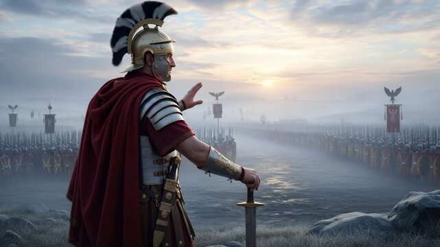 A Roman man soldier stands before his army on a misty battlefield, drawing a sword from the ground. Historical battle scene.