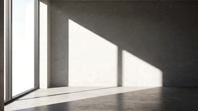 Geometric Light & Shadow Sharp, defined shadows cast by architectural window frames across a pristine, textured interior wall and floor, created by a strong, crisp afternoon light source.