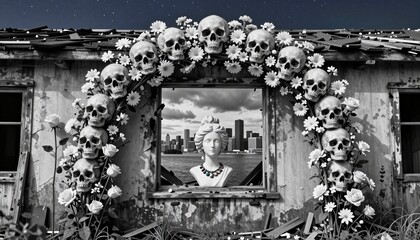 Skulls, Flowers, and Cityscape