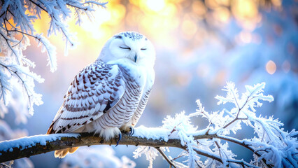 Peaceful snowy owl perched on a frosted branch in winter