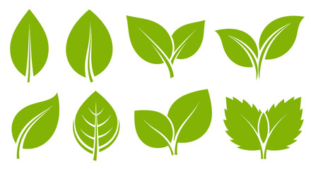 Set of various green leaf icons with simple and clean design.