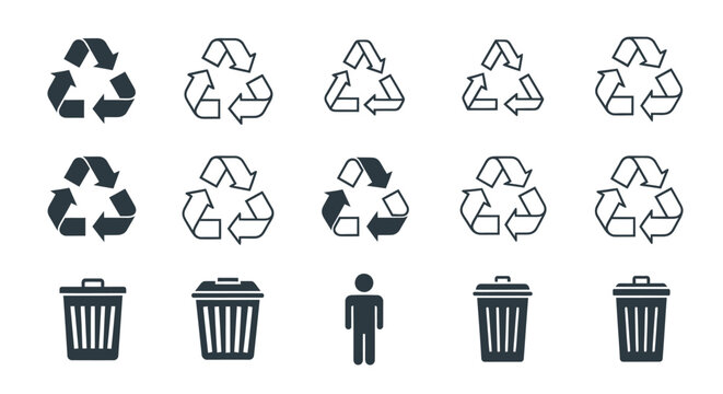 Set of various recycling and waste disposal icons in black and white.