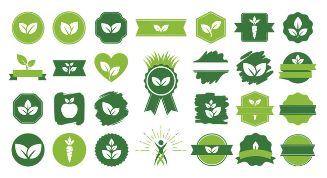 Set of green eco friendly and organic product icons with nature and health themes.