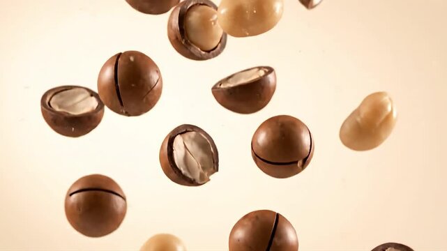 Whole and halved buttery macadamia nuts falling through a minimal ivory studio space.