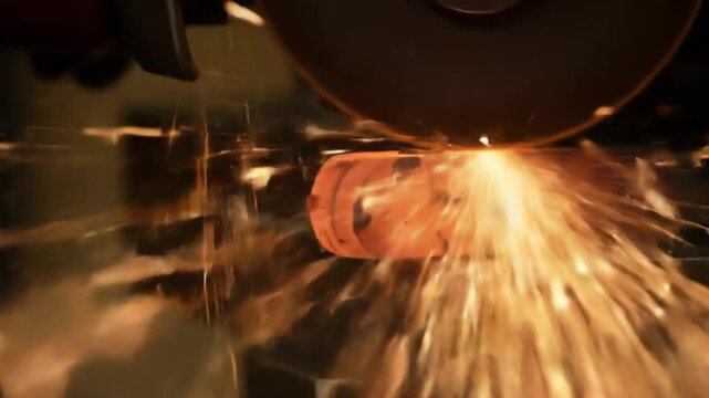 Close-up of l being shaped by a grinding wheel, sparks flying in dark environment.