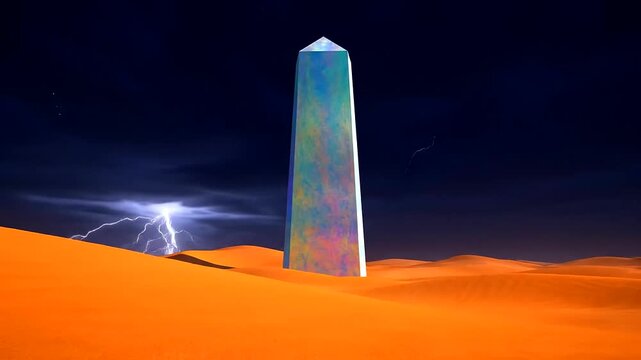 Majestic iridescent obelisk stands tall in a dramatic desert lightning storm, an awe-inspiring symbol for achieving profound Deep Work Concentration and mental clarity.