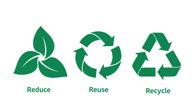 Green environmental icons representing reduce reuse and recycle concepts for sustainability.
