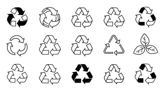 Collection of various black and white recycling symbols and eco-friendly icons.