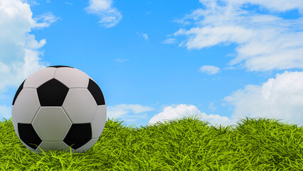 Fototapeta premium Classic Soccer Ball on Green Grass Under Blue Sky 3d render.