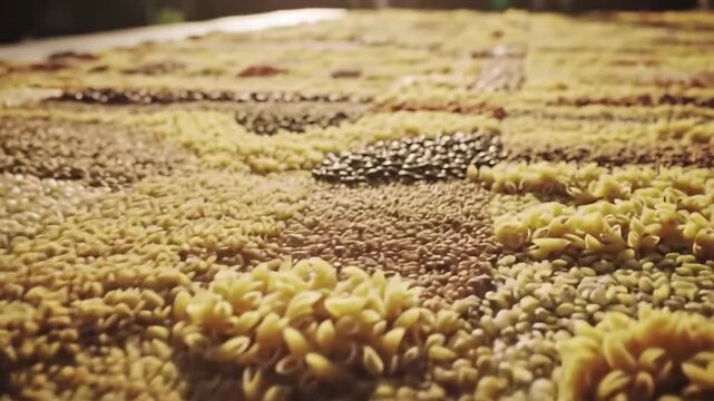 Various types of uncooked pasta and grains arranged in neat rows, creating a textured background.
