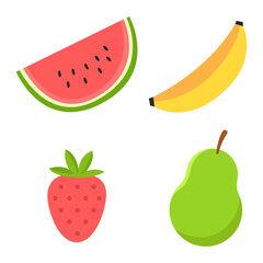 Simple Flat Style Fruit Illustration Watermelon Banana Strawberry and Pear