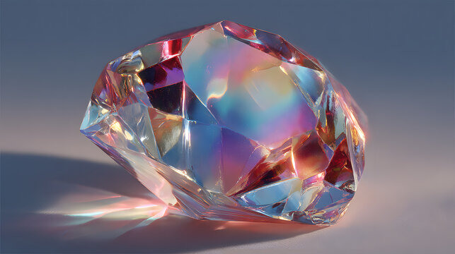 Brilliant prismatic crystal gemstone refracting iridescent rainbow light. Elegant multifaceted glass diamond with glowing caustics and ethereal aura.