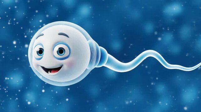 Happy Cartoon Sperm Cell Swimming in Blue Fluid, Fertility Concept