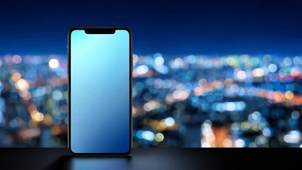 A blank smartphone with a blue screen stands against a blurry cityscape lit by night lights - Powered by Adobe