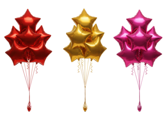 Three separate bunches of red, gold, pink star-shaped foil balloons, highly glossy metallic, satin ribbons, against a white background with copy space. Celebration and festivity concept