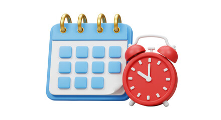 Stylized 3D render of a blue and white calendar icon with gold rings and a vibrant red analog clock, isolated on a transparent background with copy space. Concept of time management