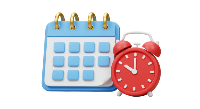 Stylized 3D render of a blue and white calendar icon with gold rings and a vibrant red analog clock, isolated on a transparent background with copy space. Concept of time management - Powered by Adobe