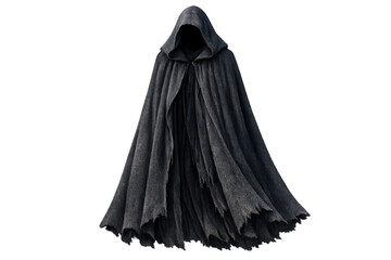 Dark hooded cloak, tattered robes, and mysterious figure evoking dread, reaper, and ghostly concepts, transparent background