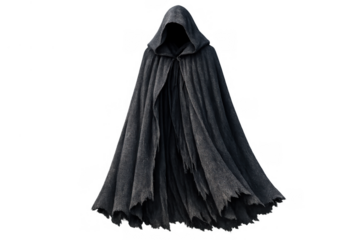 Dark hooded cloak, tattered robes, and mysterious figure evoking dread, reaper, and ghostly concepts, transparent background