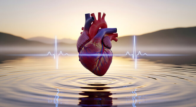 A detailed anatomical human heart floats above a calm body of water with a glowing blue heartbeat line passing through it at sunset. Generative AI