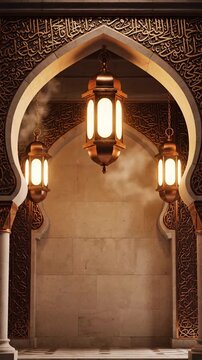 Serene Moroccan-Inspired Architectural Scene Featuring Traditional Archways and Ornate Lanterns with Warm Ambient Lighting
