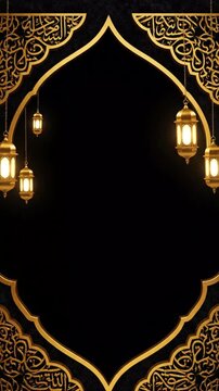 Intricate gold arabesque patterns with hanging lanterns illuminating a dark background