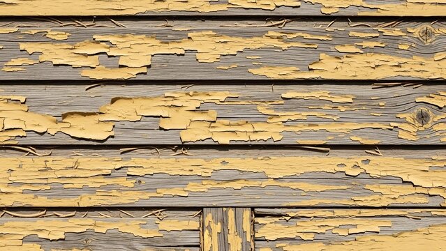 Closeup of weathered wooden planks with peeling yellow paint revealing aged texture and decay.