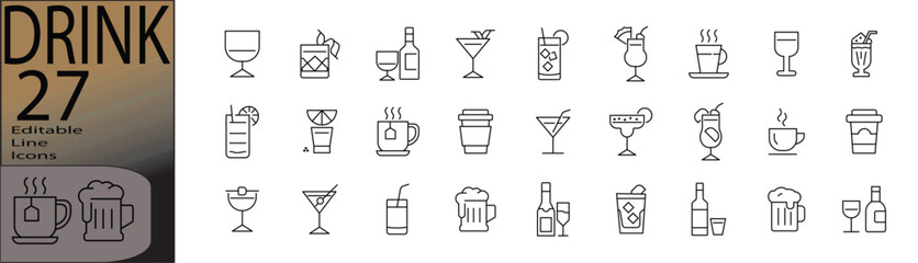 Drink ine editable icon set. Editable stroke. Vector illustration.