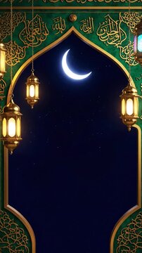 Nighttime Islamic architecture featuring crescent moons and lanterns illuminating the dark sky with intricate green patterns and