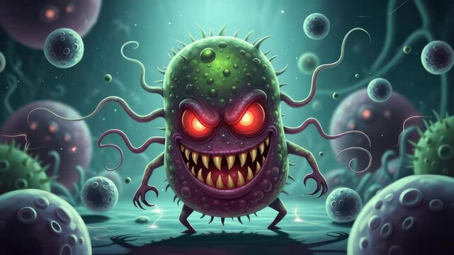 Evil Cartoon Germ Monster with Glowing Red Eyes and Sharp Teeth